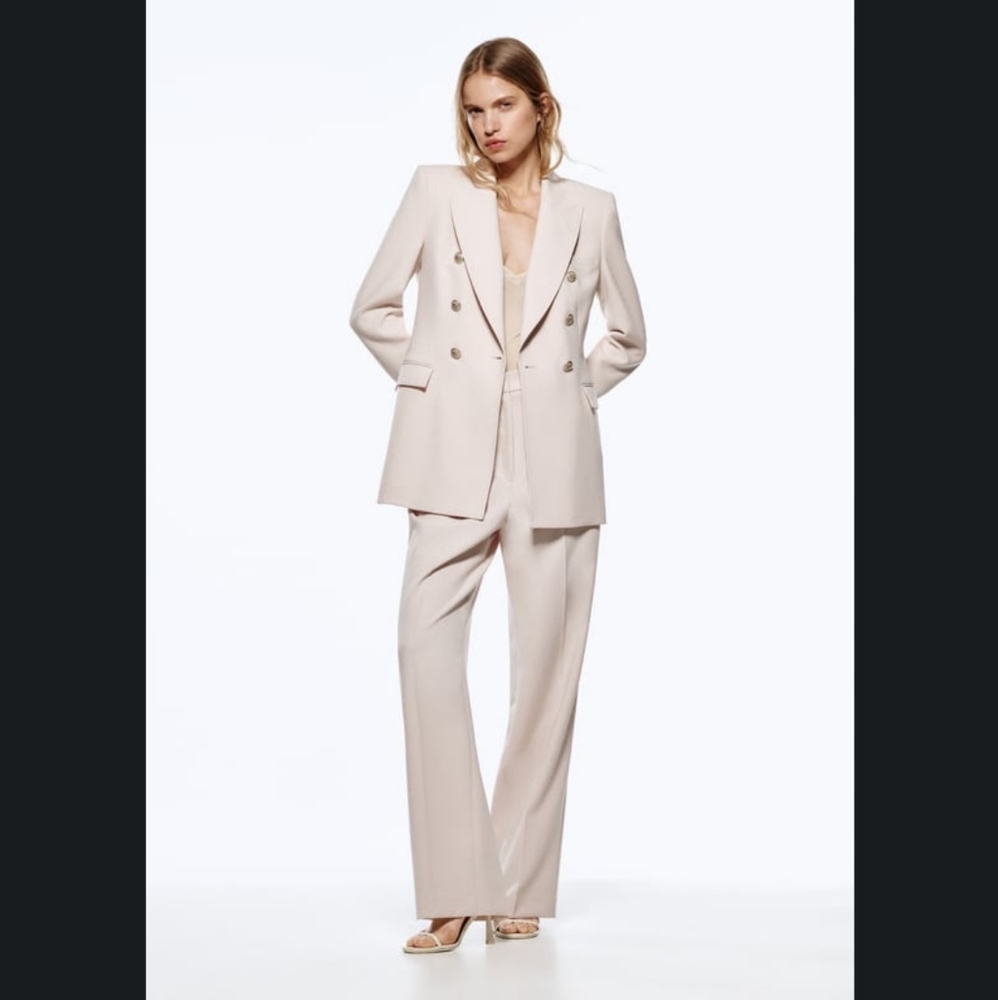 Zara Double Breasted Long Blazer Beige Size Small